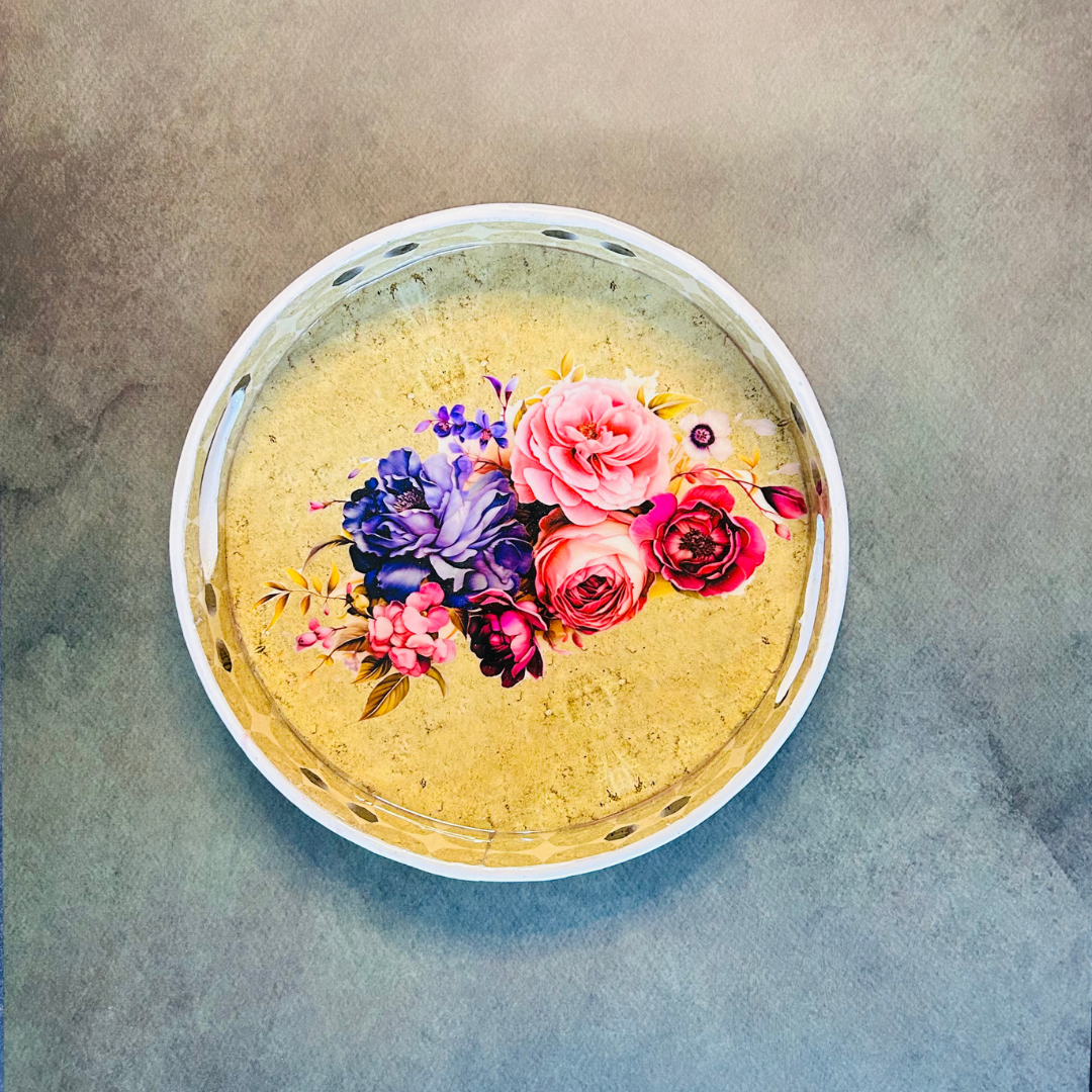 Premium Wooden Tray- Brown Pink Rose (12x12 inches)