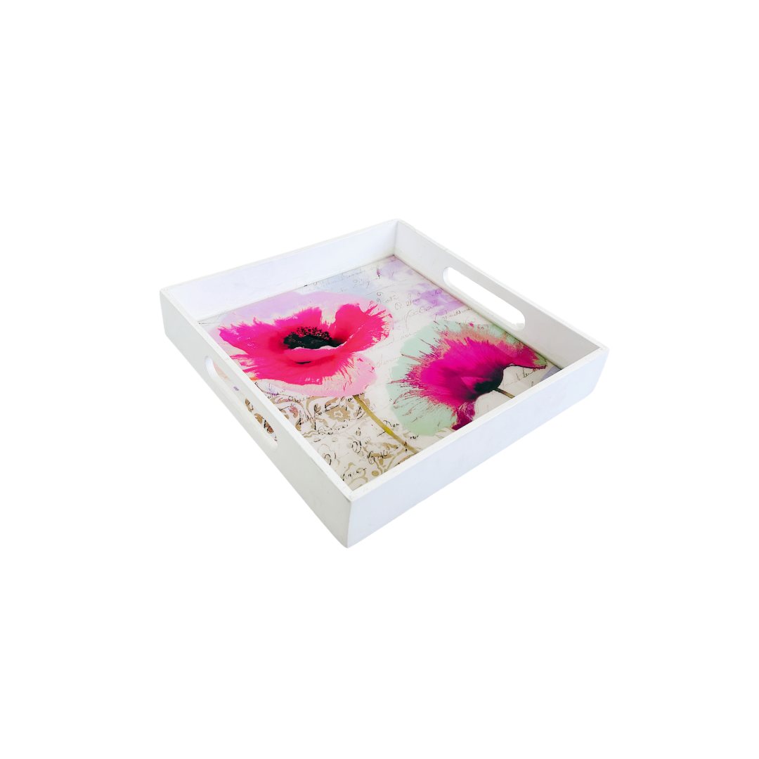 Premium White Painted Serving Tray- Pink Flower (10x10 inches)