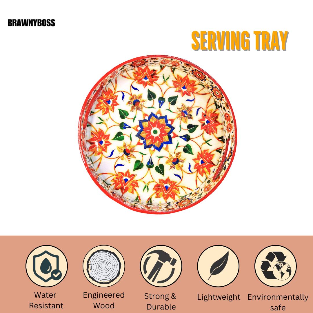 Premium Wooden Tray- Red Floral (12x12 inches)