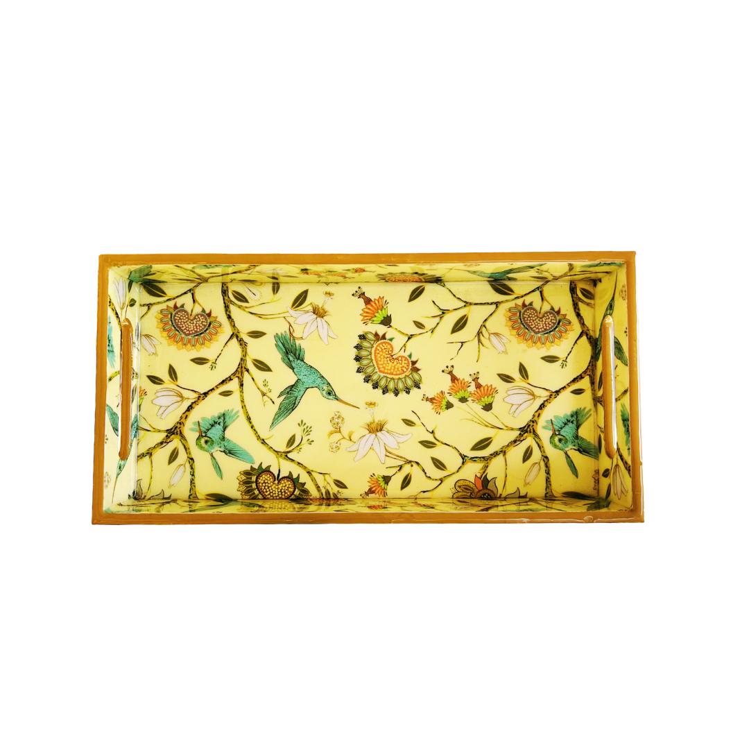 Premium Wooden Rectangle Tray - 12X6X2 inches (Yellow Birds)