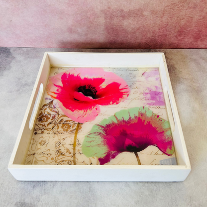 Premium White Painted Serving Tray- Pink Flower (10x10 inches)