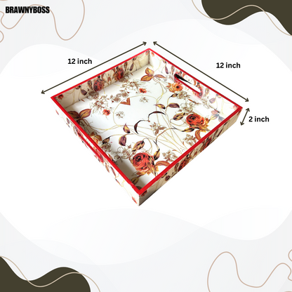 Cream Red Floral Serving Tray (12X12 inches)