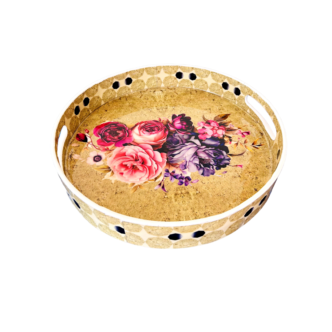 Premium Wooden Tray- Brown Pink Rose (12x12 inches)