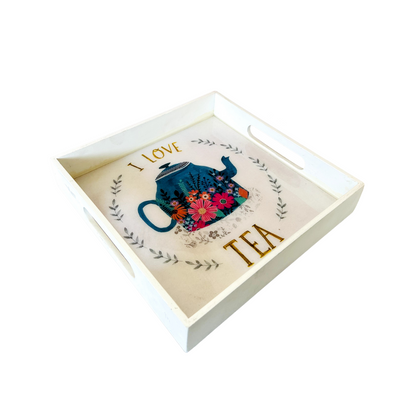 Premium White Painted Serving Tray- I Love Tea (10x10 inches)