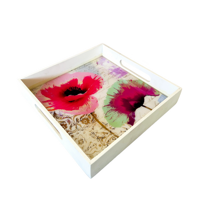 Premium White Painted Serving Tray- Pink Flower (10x10 inches)