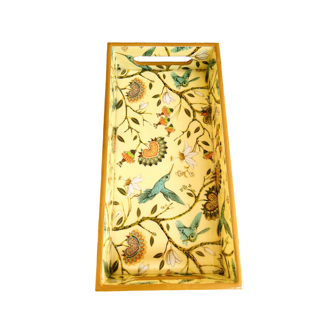 Premium Wooden Rectangle Tray - 12X6X2 inches (Yellow Birds)