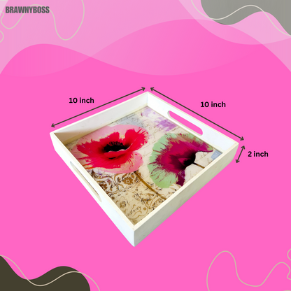 Premium White Painted Serving Tray- Pink Flower (10x10 inches)