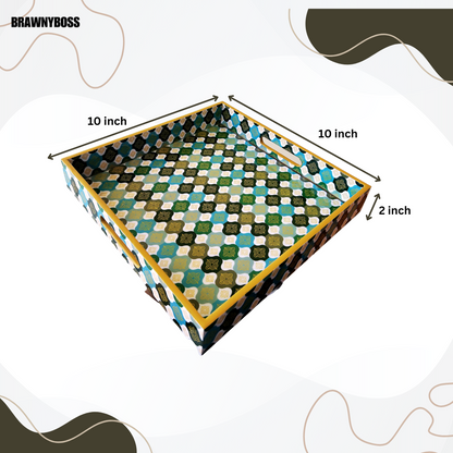 Blue Green Meenakari Style Wooden Tray (10X10 inches)