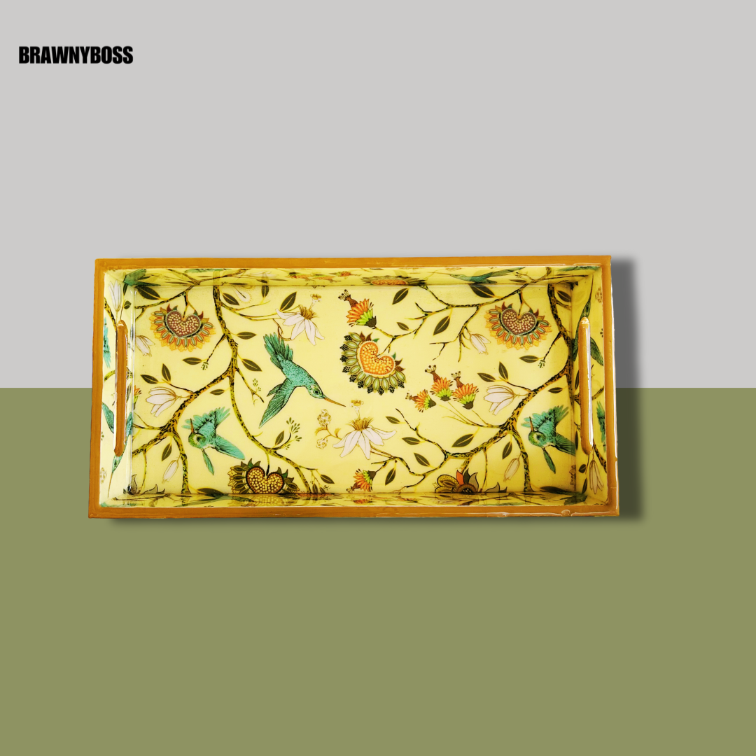 Premium Wooden Rectangle Tray - 12X6X2 inches (Yellow Birds)