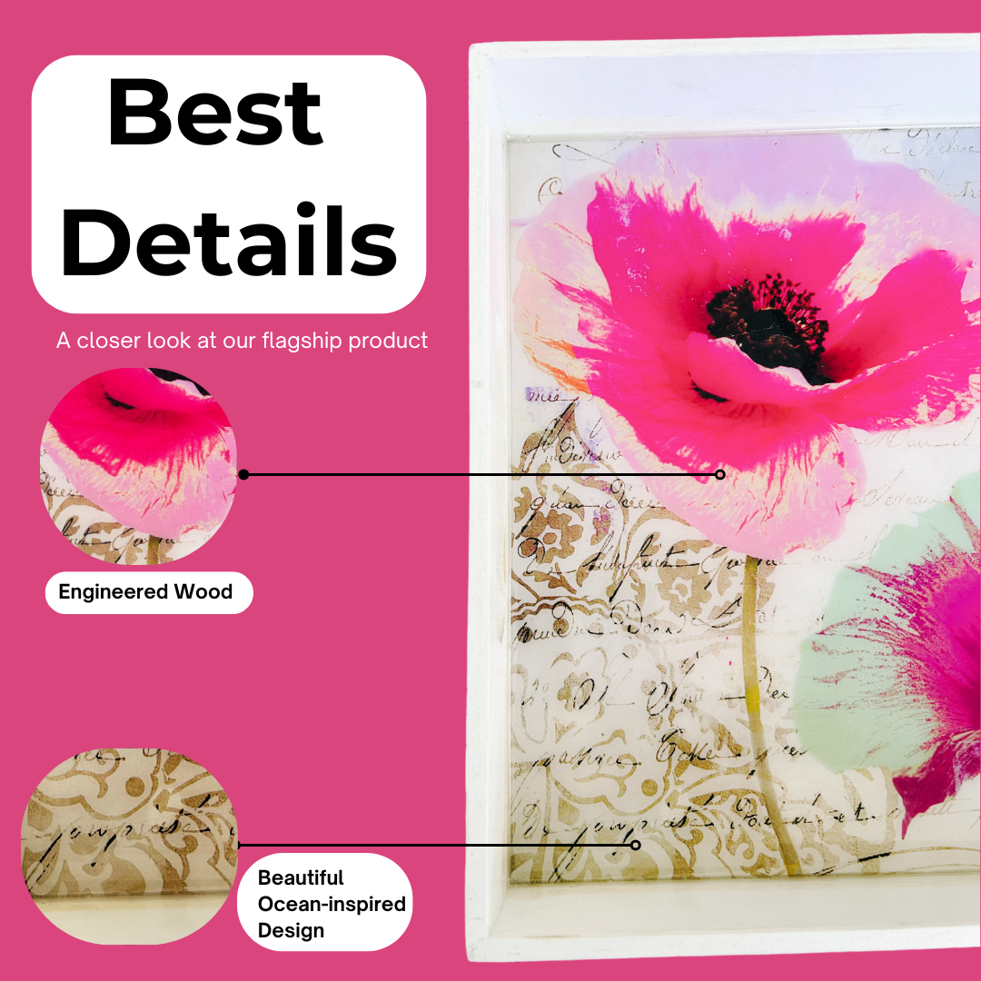 Premium White Painted Serving Tray- Pink Flower (10x10 inches)