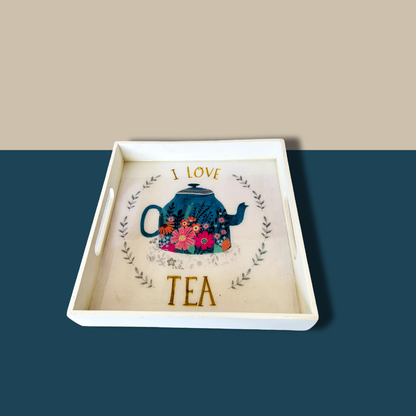 Premium White Painted Serving Tray- I Love Tea (10x10 inches)