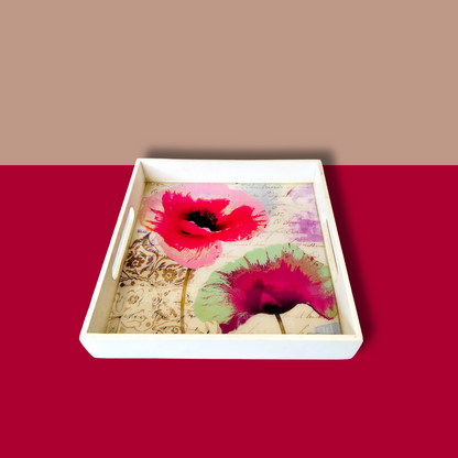 Premium White Painted Serving Tray- Pink Flower (10x10 inches)